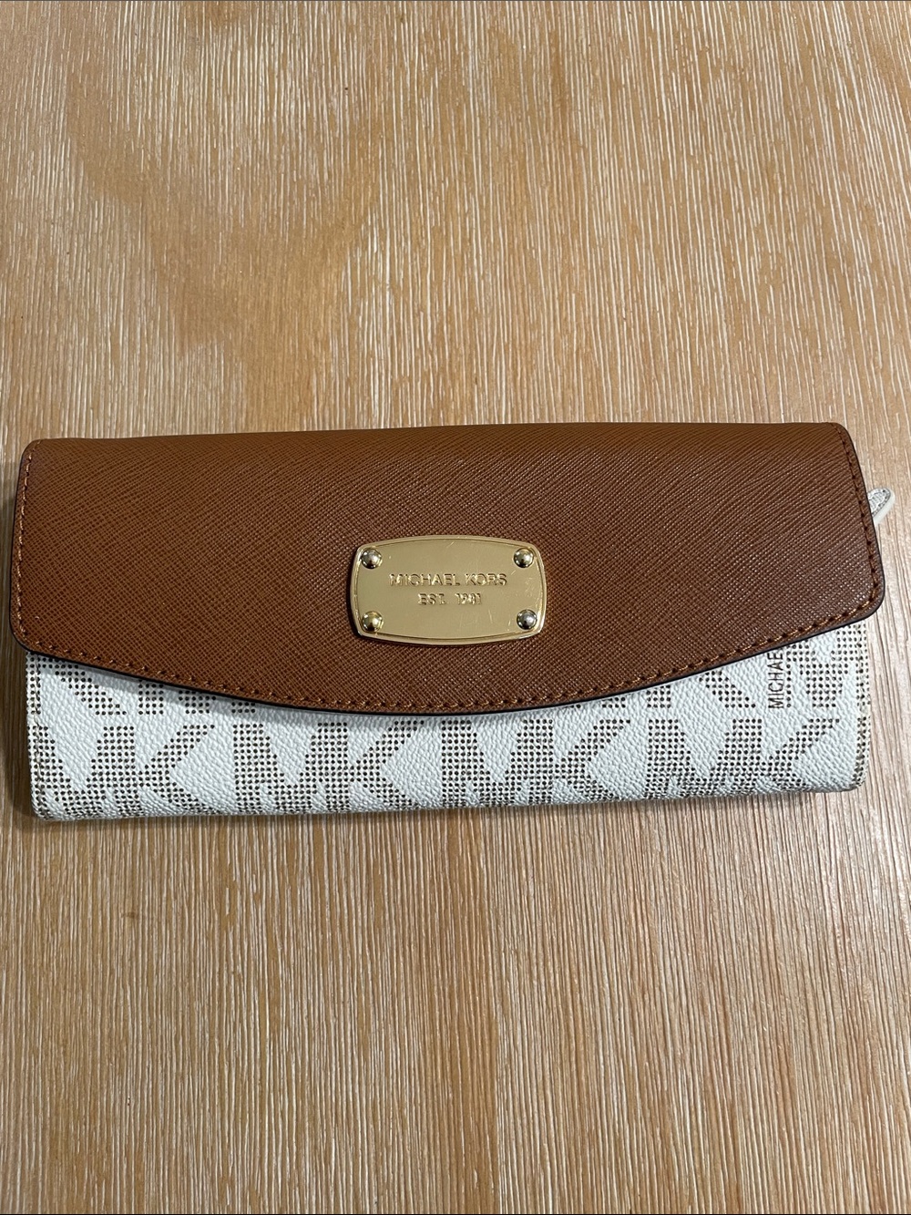 Michael Kors Brown and White Signature Continental Wallet with Gold Plate